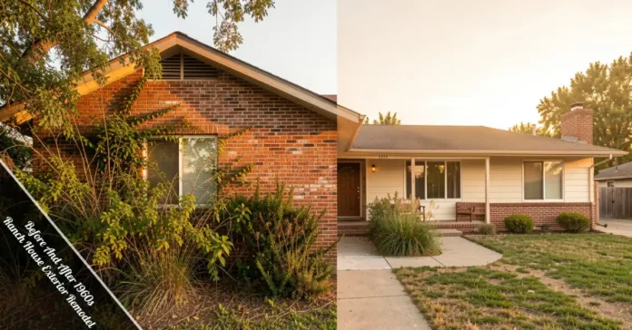 Before and after 1960s ranch house exterior remodel with updated siding, neutral paint, and improved curb appeal.