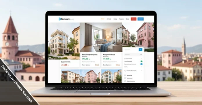 bnakaran.com armenia real estate platform showing yerevan apartment listings with prices and search filters on laptop screen