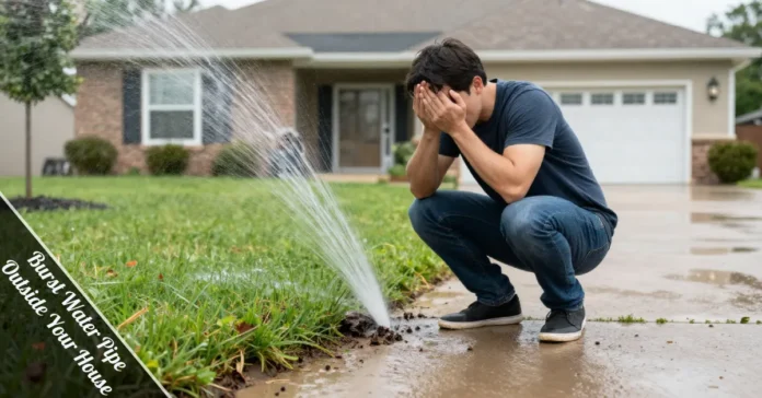 Burst water pipe outside your house causing flooding in a residential yard with water gushing from underground.