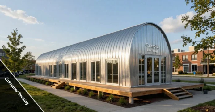Caterpillar housing exterior showing long metal Quonset hut apartment building with windows and trees in Detroit Core City neighborhood