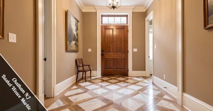 Chatham NJ Basket Weave Marble floor in a classic colonial home entryway with natural light and dot inlays.
