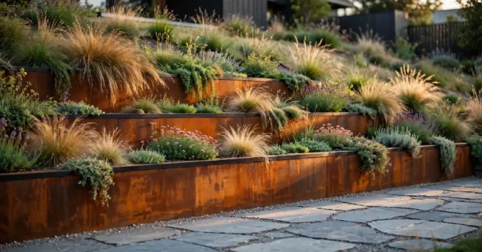 Corten steel retaining wall with natural rust patina in a modern terraced garden