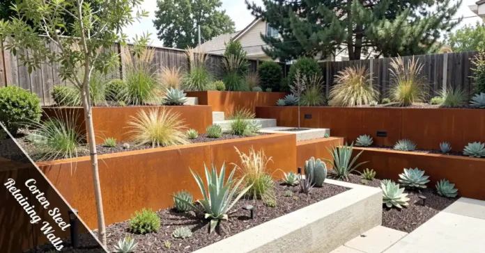 Corten steel retaining walls with rust finish creating terraced levels in modern residential landscape architecture.