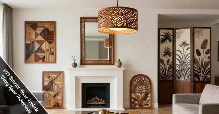 Living room with laser-cut wall art and decor from DIY interior decor projects using laser technology transforming space