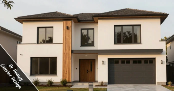 Dr Homey Exterior Design modern home with warm colors wood stone accents and landscaping for enhanced curb appeal