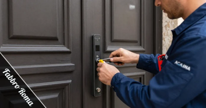 Fabbro Roma locksmith repairing armored door in Rome residential building with professional tools and expertise shown