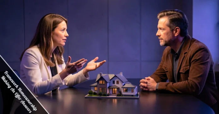 Framework Homeownership Making An Offer Answers — real estate agent explaining home offer strategy to a first-time buyer.