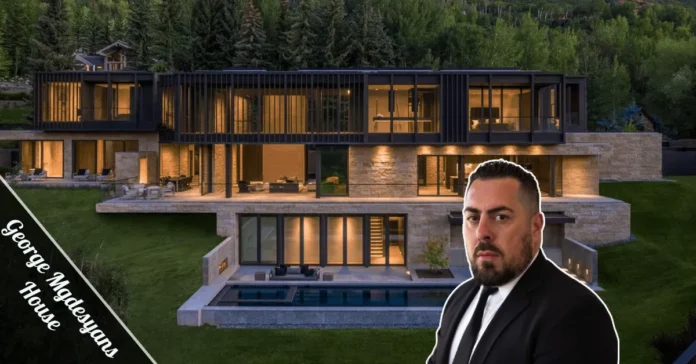 Front exterior of George Mgdesyans House with terracotta roof and circular driveway in Encino, California.