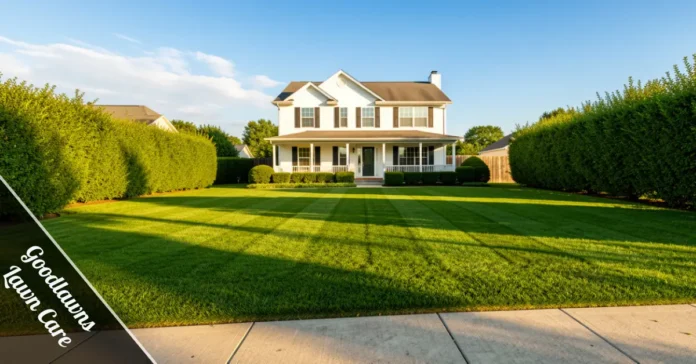Goodlawns Lawn Care worker trimming green grass edges on a neat residential front yard in warm natural sunlight.