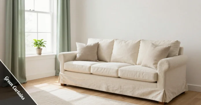 Sage green linen curtains in a bright living room with oak floors and a cream sofa