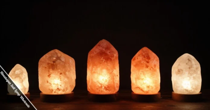 Authentic himalayan salt lamp wholesale collection showing multiple sizes from small to large with natural pink glow on wooden bases
