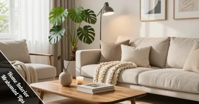 Modern cozy living room styled with practical Home Interior Mrshomint Tips—neutral palette, layered textures, and smart furniture arrangement.