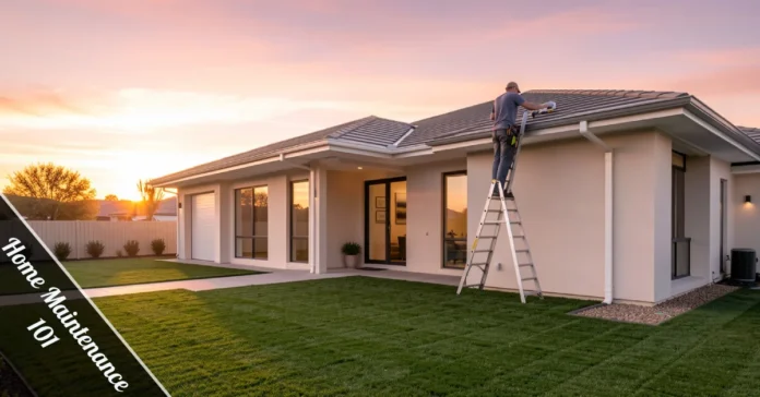 Home Maintenance 101 beginner guide showing homeowner on ladder inspecting well-maintained suburban house exterior safely.