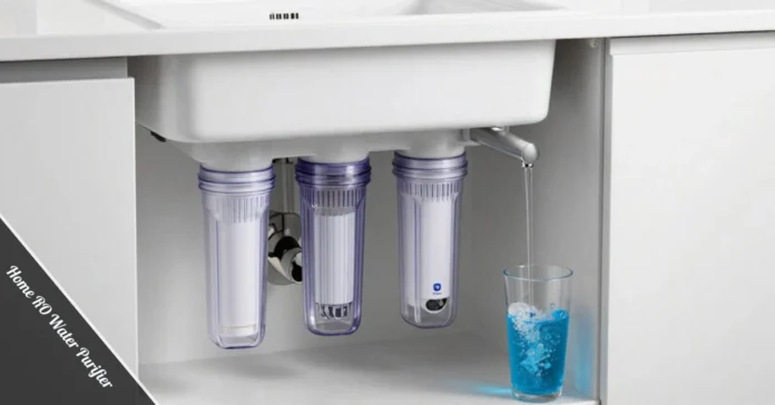 home RO water purifier system installed under kitchen sink filtering clean drinking water into glass