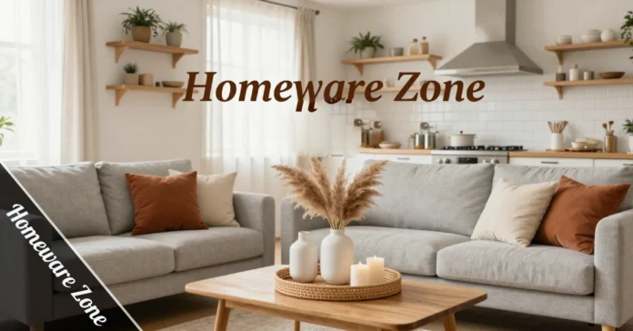 Homeware Zone stylish living room essentials with neutral tones, wooden table, and cozy décor.