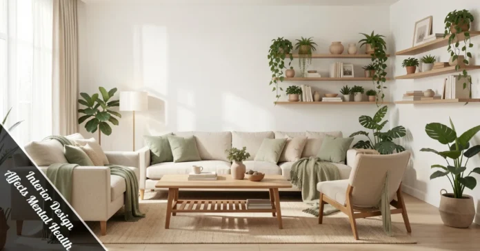 Minimalist living room demonstrating how interior design affects mental health through natural light and organization