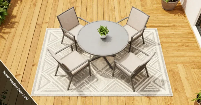 8x10 indoor outdoor rug on a wooden deck with patio dining furniture