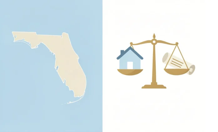 Florida map with a legal scale showing property division, illustrating that Florida is not a community property state