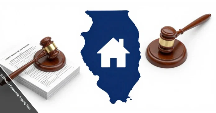 Illinois community property state map with gavel and property division documents for divorce asset distribution