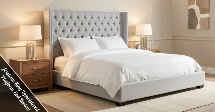 Jesstean King Upholstered Platform Bed Review – gray tufted headboard with bunkie board platform base.