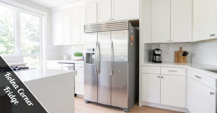 Kolna Corner Fridge in stainless steel fitted diagonally into kitchen corner with open door showing organized shelf storage.