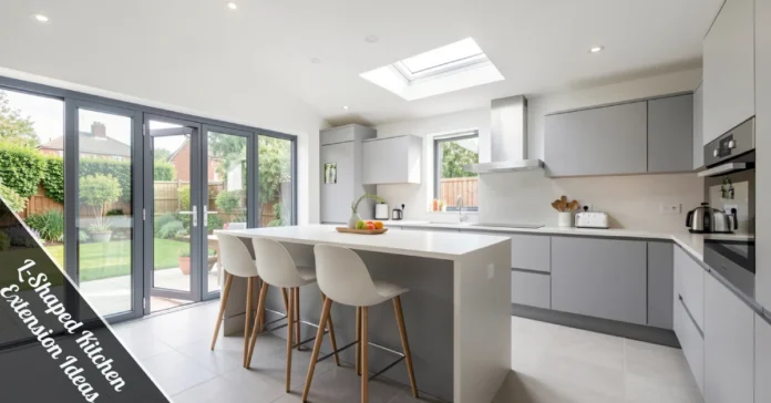 L-shaped kitchen extension ideas featuring wrap-around layout with glass doors opening to garden and central island unit