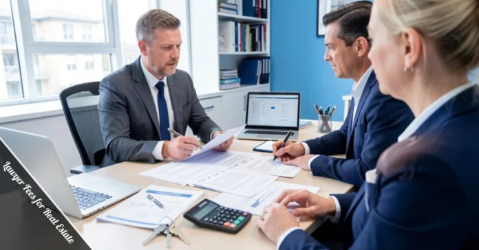 Real estate attorney reviewing property documents and contracts with clients discussing lawyer fees for closing costs