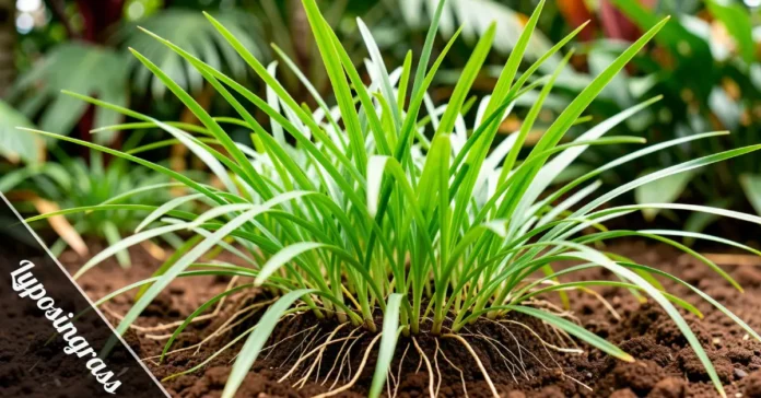 Lyposingrass plant with long green leaves and deep roots growing in nutrient-rich brown soil natural lighting
