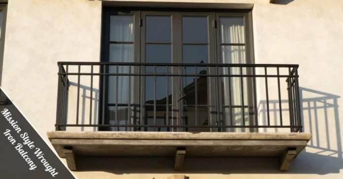 Mission Style Wrought Iron Balcony with matte black powder coat finish, clean geometric railing design, and vertical iron pickets.