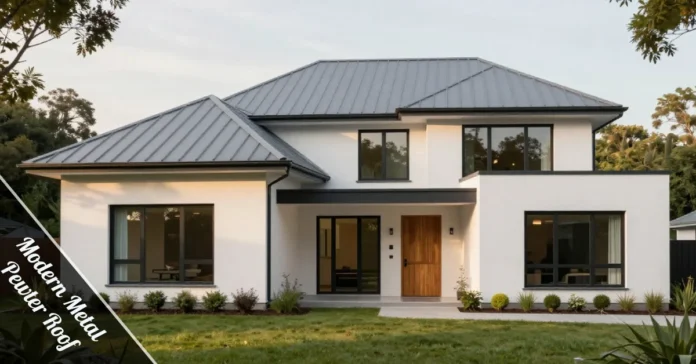 Modern Metal Pewter Roof installed on a modern house with standing seam panels in matte pewter gray color and charcoal window frames.
