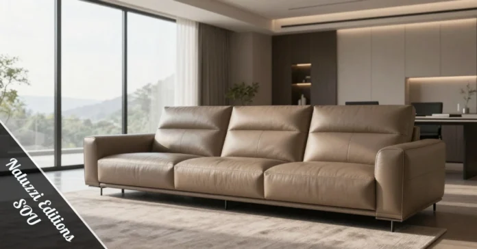 Natuzzi Editions SOU Italian leather sofa with modern design and neutral upholstery in a contemporary living room setting.