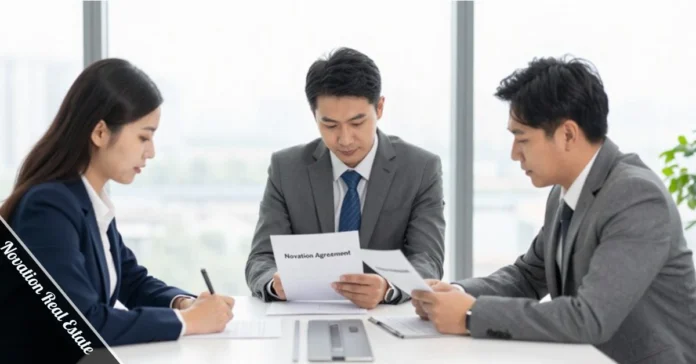 novation real estate agreement signing between investor seller and buyer at conference table with property contracts