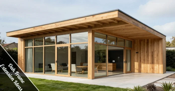 Oak frame extension ideas with glazed walls, exposed timber beams and bifold doors connecting to garden space