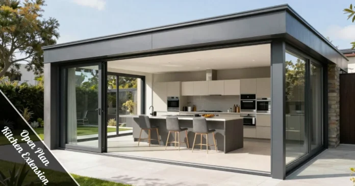 Modern open plan kitchen extension with bifold doors opened to garden patio showing bright natural light and island