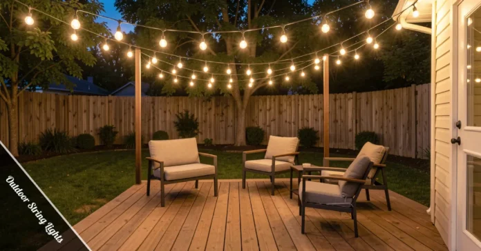Globe-style outdoor string lights hung in a crisscross pattern over a backyard patio at night