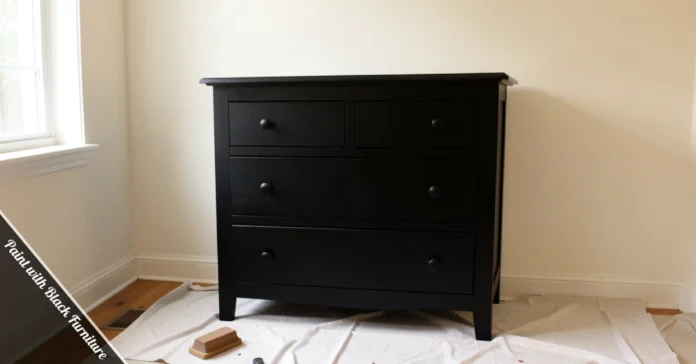 A wooden dresser painted black with a matte finish, shown next to painting tools and primer on a drop cloth
