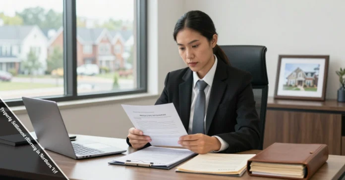 Property settlement attorney in Northern VA reviewing asset division documents at office desk