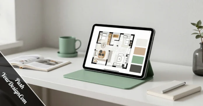 Push YourDesignCom home design platform interface displaying room planning tools and contemporary interior design ideas.