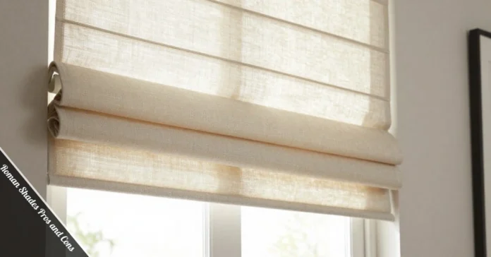 Roman shades with horizontal pleated folds partially raised in modern living room showing fabric texture and light control features