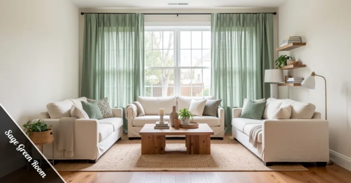Sage green room ideas with warm wood furniture, cream curtains, and natural light in a calm living room