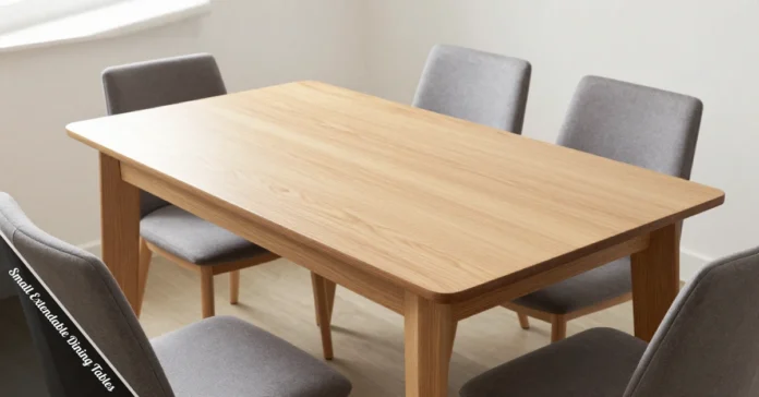 Small extendable dining table in oak wood with butterfly leaf mechanism in a compact dining room