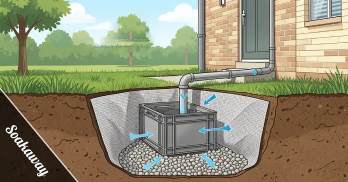 Modern soakaway drainage system cross-section showing underground plastic crates and water infiltration process