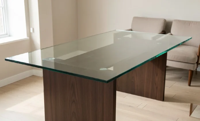 Clear tempered glass table top on a wooden dining table base with flat polished edges