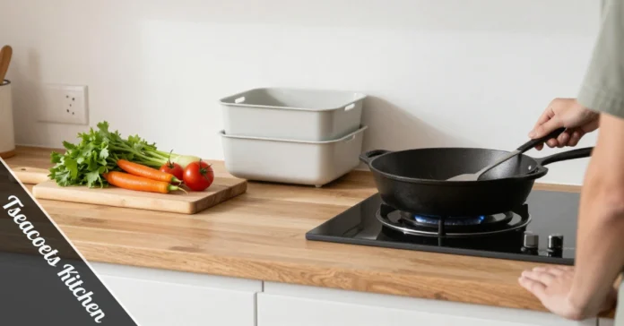 Organized Tseacoets kitchen workspace with cutting board, pan near stove and storage containers within easy reach