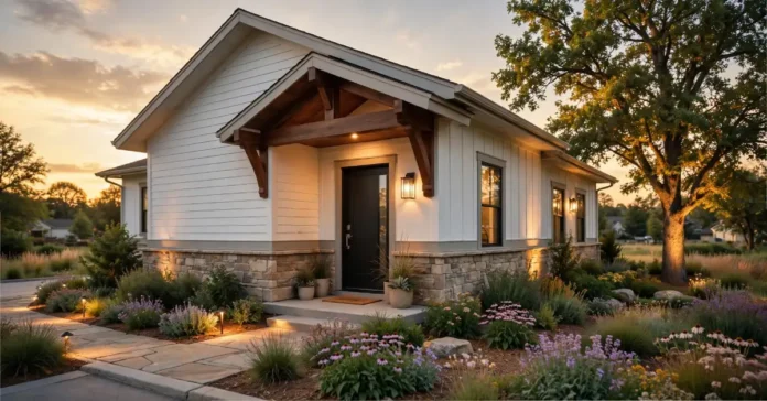 Dr Homey Exterior Design showing warm neutral siding, stone veneer, wood accents, layered landscaping, and inviting entry lighting.