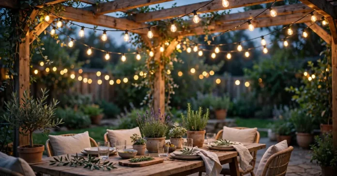 Warm outdoor string lights hanging over a patio and pergola at dusk.