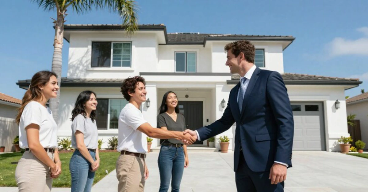 Professional real estate agent meeting with clients in San Diego California