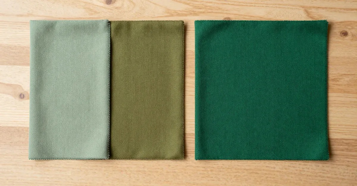 Four green curtain shade swatches — sage, olive, emerald, and forest green — on a wood surface
