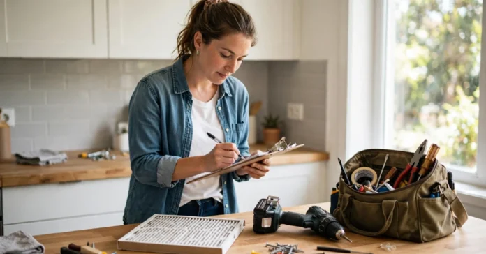 Homeowner reviewing a home maintenance checklist with basic tools nearby