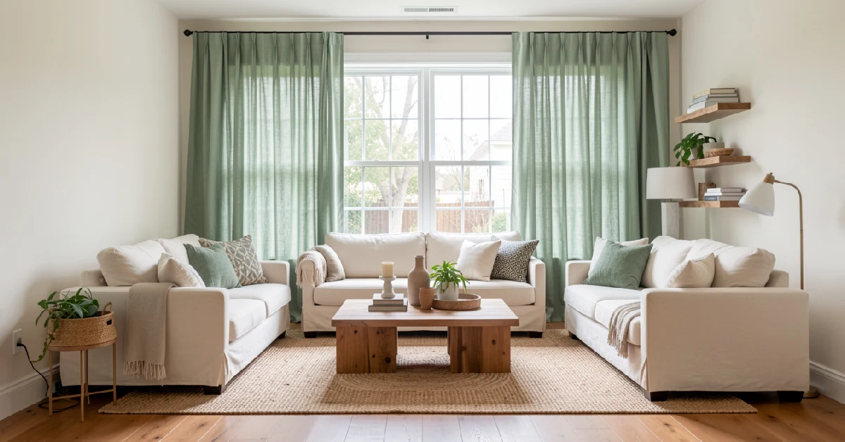 Sage green linen curtains styled in a bright living room with wood floors and a cream sofa